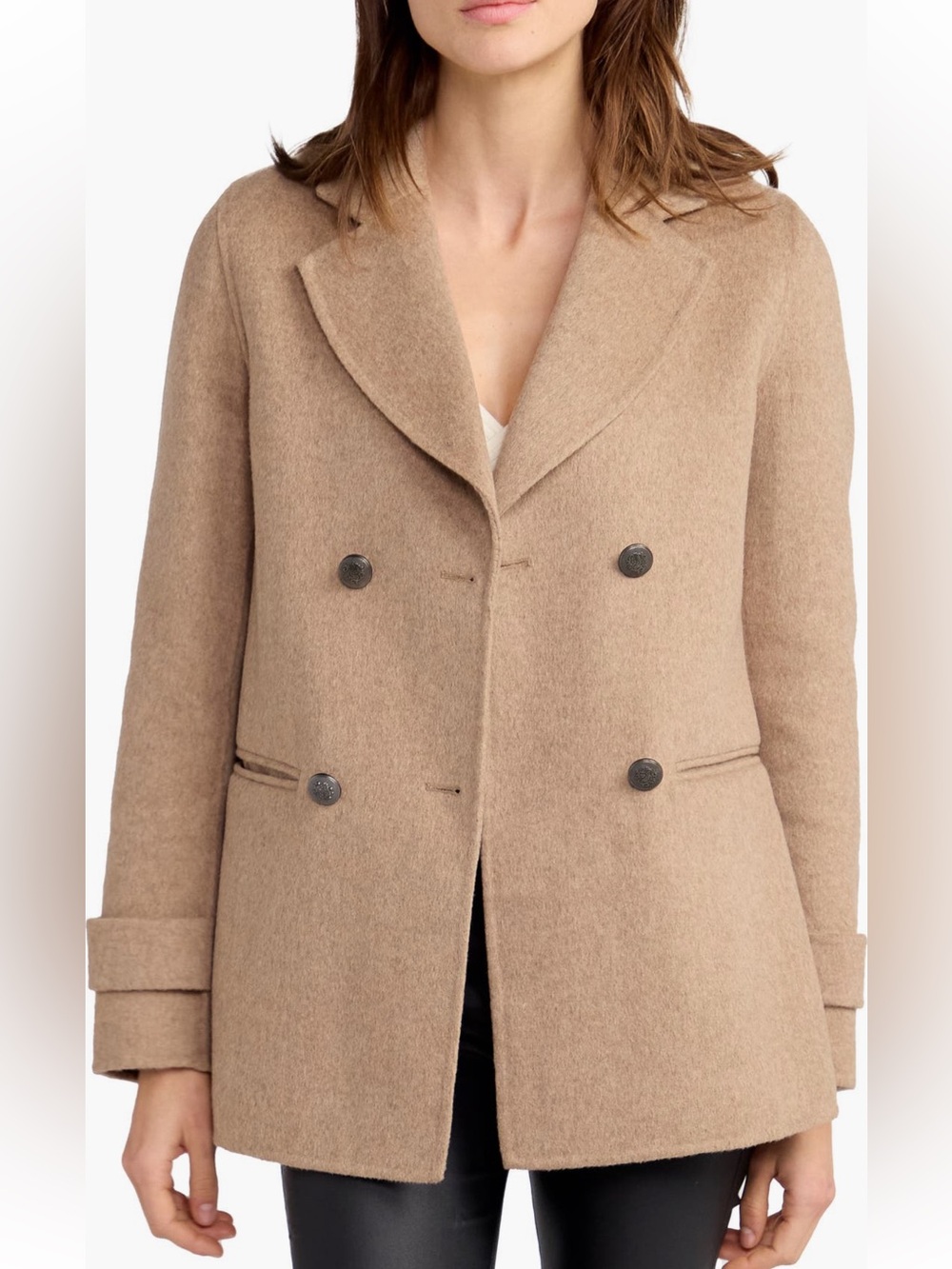 Womens Double-Breasted Wool Blend Peacoat - Tan
